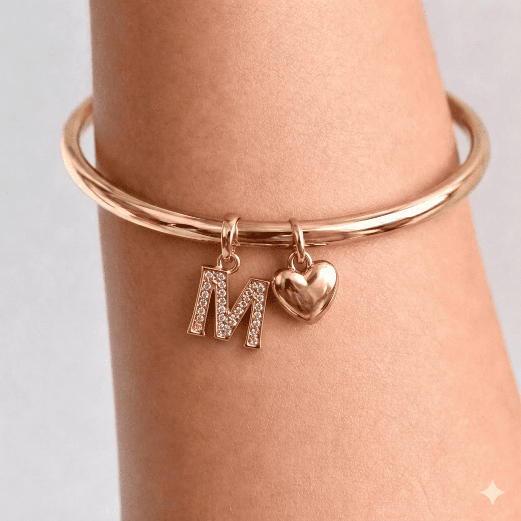 ✨SET COLLAR LETRA+PULSERA+ARETE CORAZON DE ORO ROSA 18 KILATES ❤️